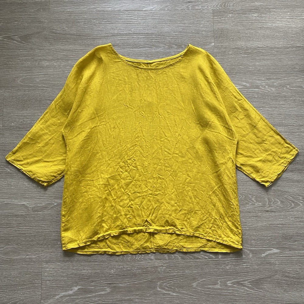 Via Del Fossi 100% Italian Linen Blouse Womens XL Yellow Boxy Lagenlook Bohemian